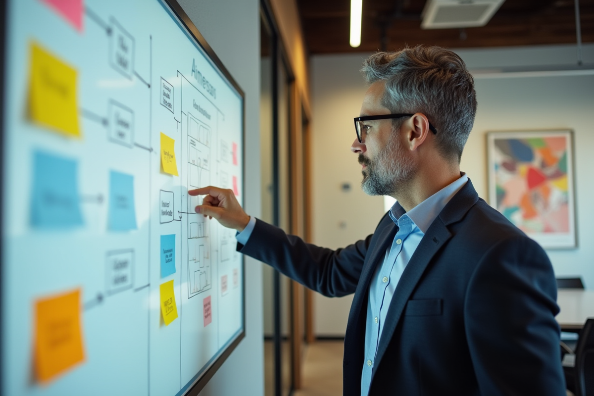 Homme d'affaires en réunion avec tableau blanc coloré