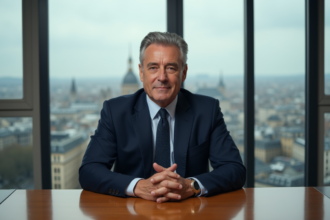 Homme d'affaires français en costume bleu dans un bureau parisien