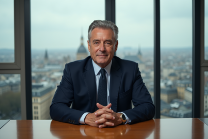 Homme d'affaires français en costume bleu dans un bureau parisien