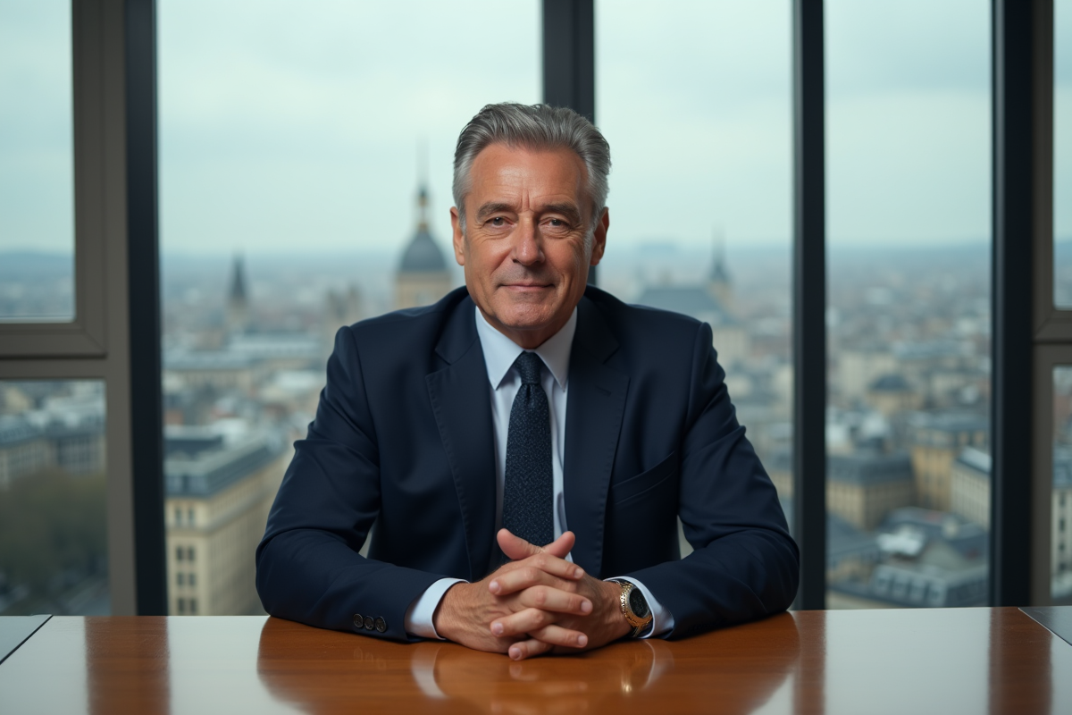 Homme d'affaires français en costume bleu dans un bureau parisien