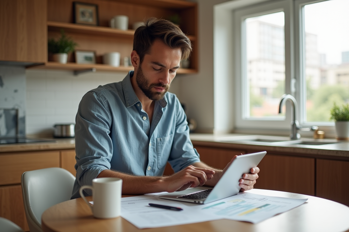 Homme calculant dépenses marketing dans une cuisine lumineuse