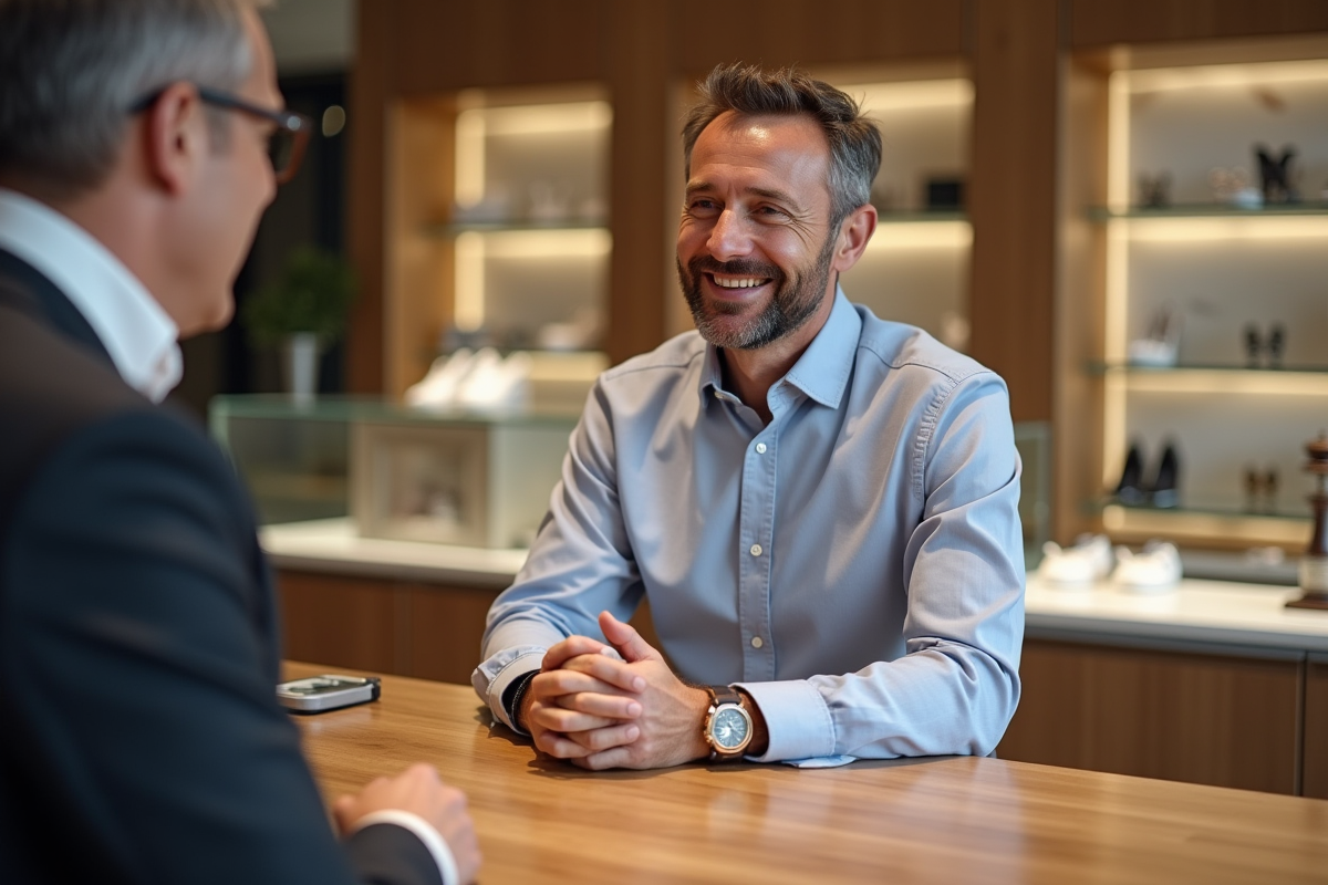 Homme souriant discutant avec un client dans un showroom