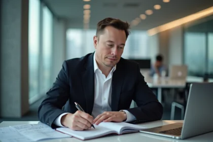 Homme d'affaires ressemblant à Elon Musk dans un bureau moderne