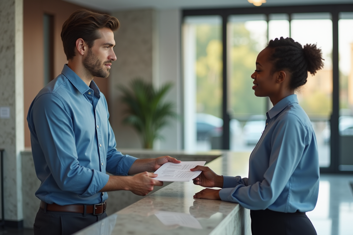 Homme remettant un document à la réception dans un lobby moderne