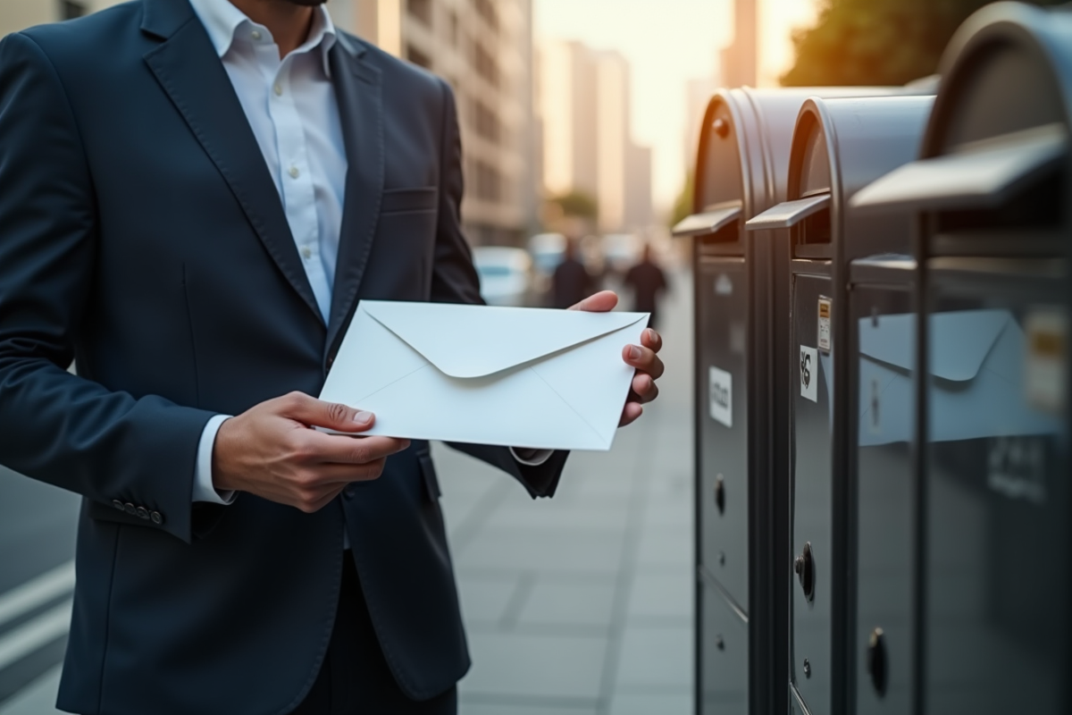 Homme en costume déposant un courrier dans une boîte aux lettres urbaine
