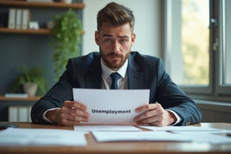 Homme inquiet en costume dans un bureau lumineux tenant une enveloppe emploi