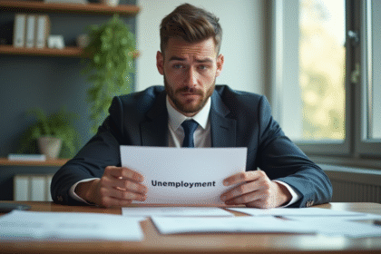 Homme inquiet en costume dans un bureau lumineux tenant une enveloppe emploi