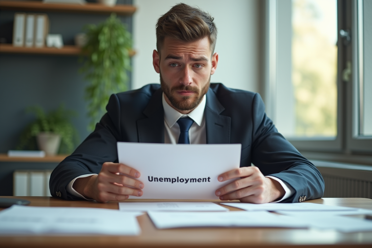Homme inquiet en costume dans un bureau lumineux tenant une enveloppe emploi
