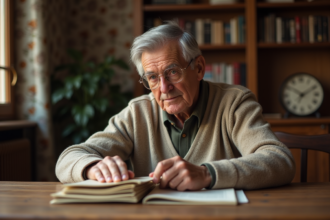 Homme âgé feuilletant des catalogues vintage dans un salon chaleureux