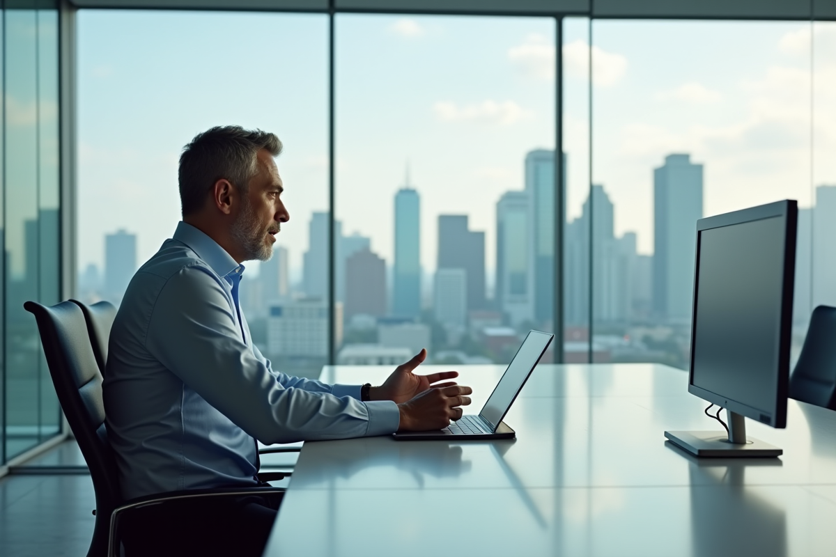 Homme en visioconference dans un bureau moderne avec vue sur la ville