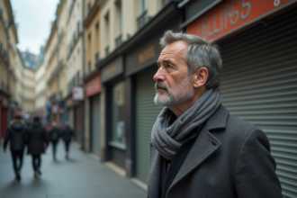 Homme d'âge moyen devant boutiques fermées en rue urbaine