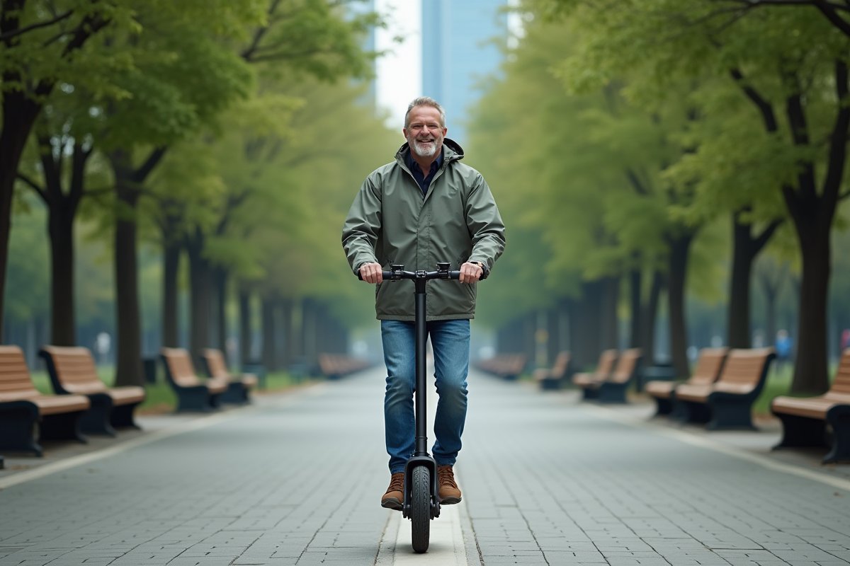 Homme en jean roulant en scooter dans parc urbain