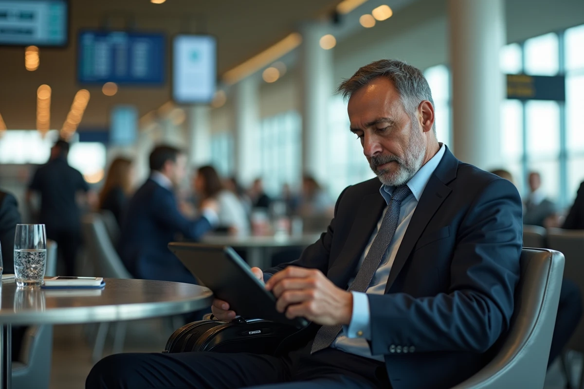 Homme d affaires travaille sur une tablette dans un café aéroport