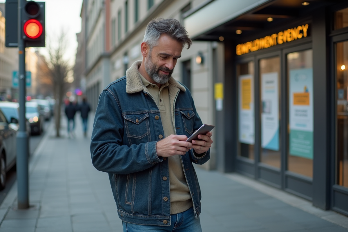 Homme dans la rue vérifiant son smartphone