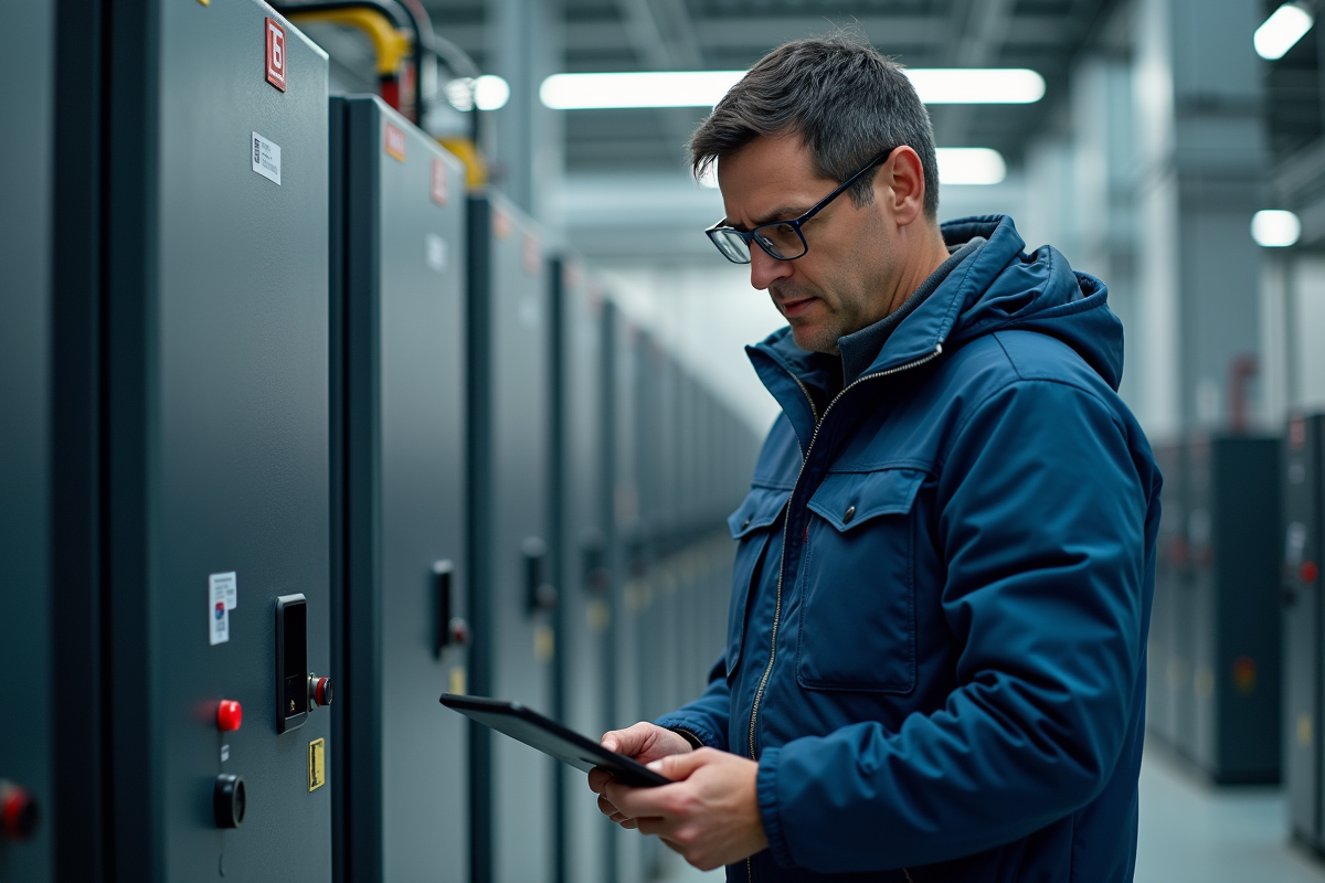 Ingénieur homme moyen âge examine une batterie modulaire moderne
