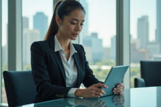 Jeune femme d'affaires regardant un rapport sur tablette