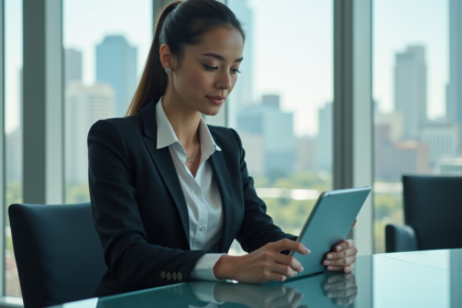 Jeune femme d'affaires regardant un rapport sur tablette