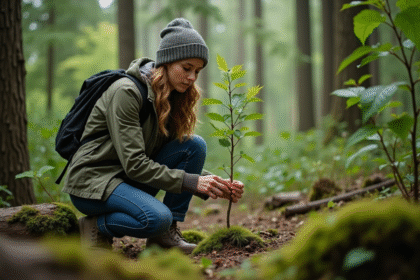 Jeune femme examine un petit arbre en forêt