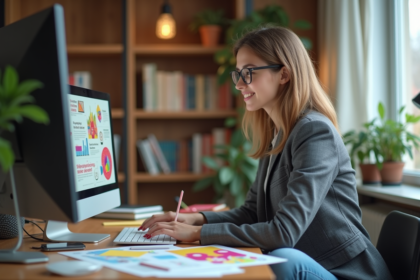 Jeune femme souriante créant un poster dans son bureau à domicile