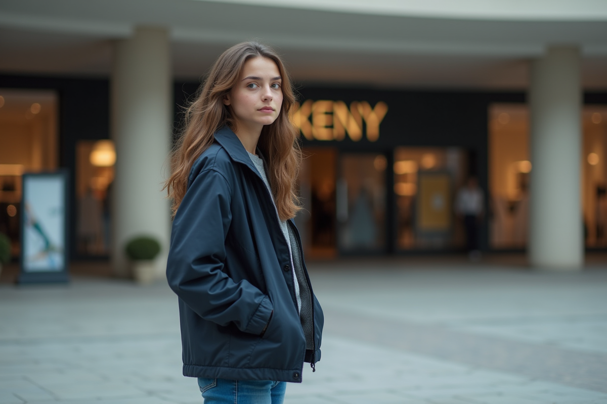 Jeune femme devant centre commercial désert et vide