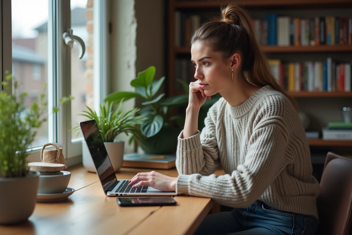 Jeune entrepreneure travaillant sur son ordinateur dans un bureau cosy