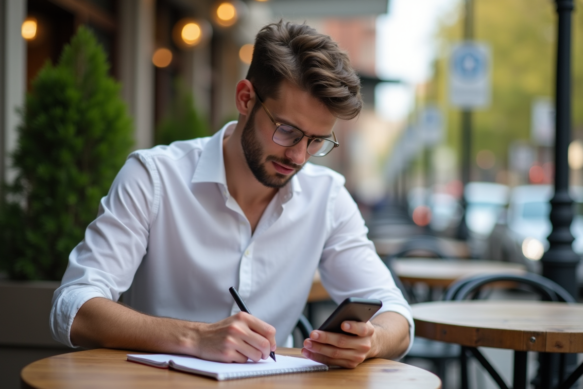 Jeune homme au café utilisant son smartphone et notant sur un carnet