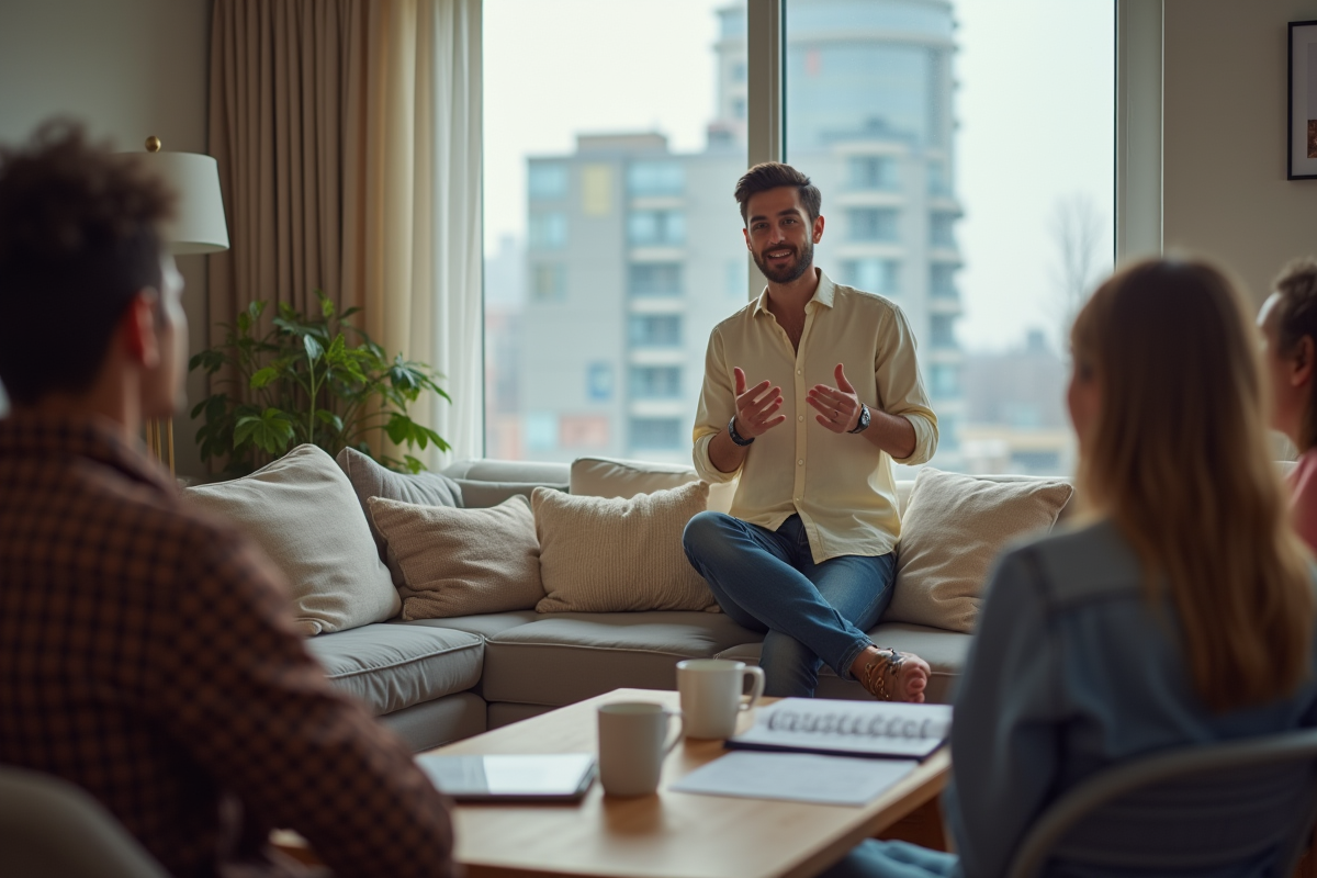 Jeune homme discutant avec un groupe dans un salon chaleureux