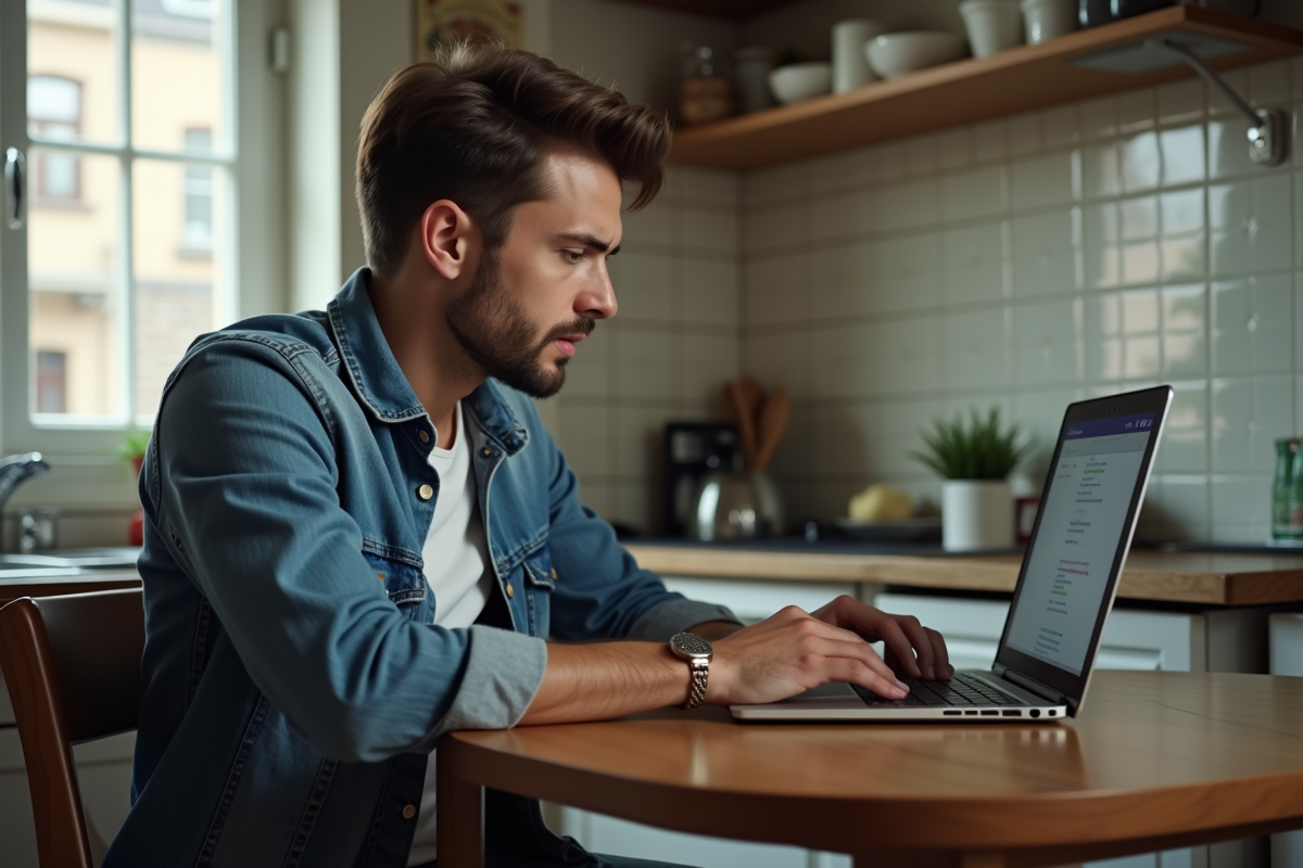 Jeune homme regarde son ordinateur avec une expression résignée