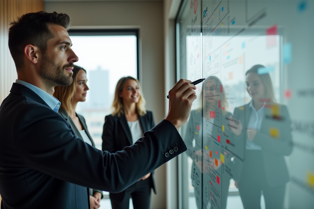Jeune manager écrivant sur un mur blanc avec collègues
