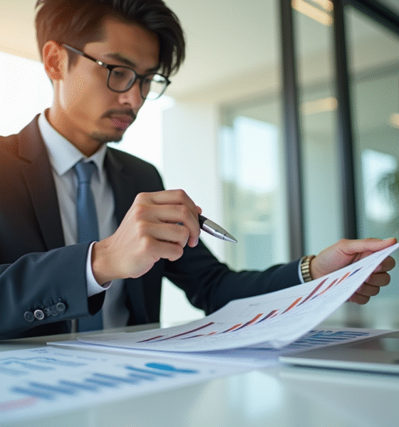 Jeune professionnel en costume analysant des documents financiers