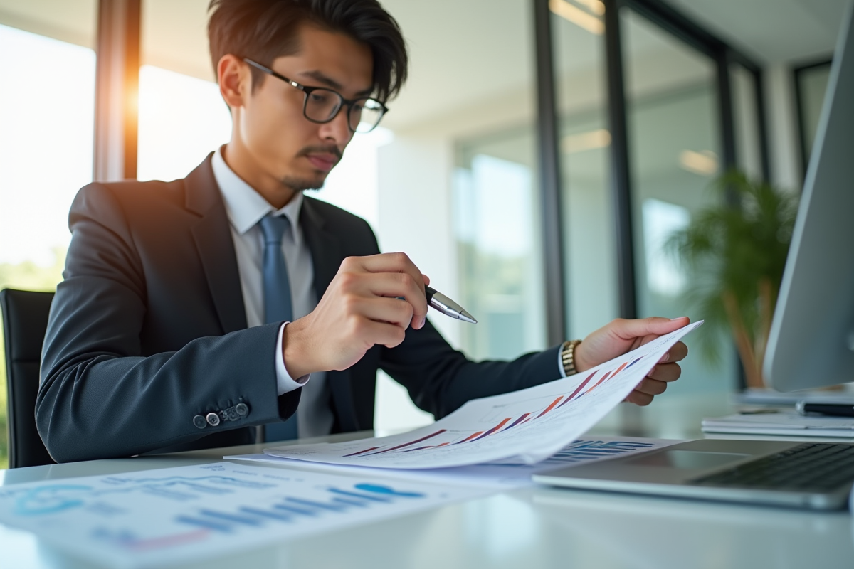 Jeune professionnel en costume analysant des documents financiers