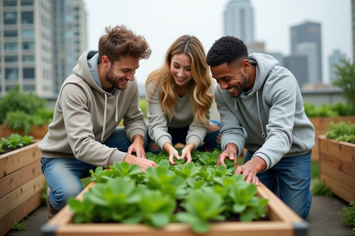 Jeunes adultes cultivant un jardin sur un toit urbain