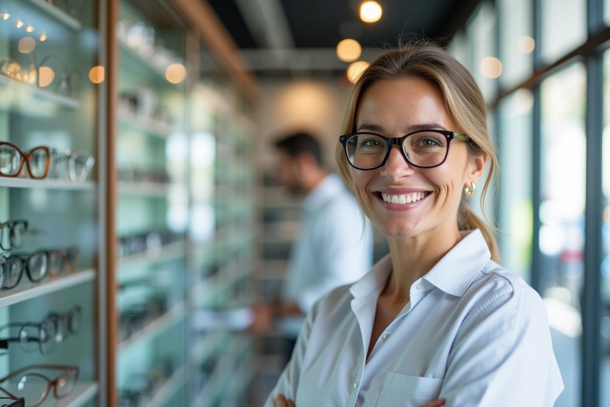 Opticien souriant derrière une vitrine de montures colorées