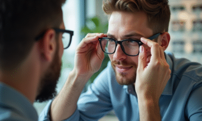 Opticien ajustant des lunettes sur un client dans un magasin lumineux