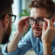 Opticien ajustant des lunettes sur un client dans un magasin lumineux