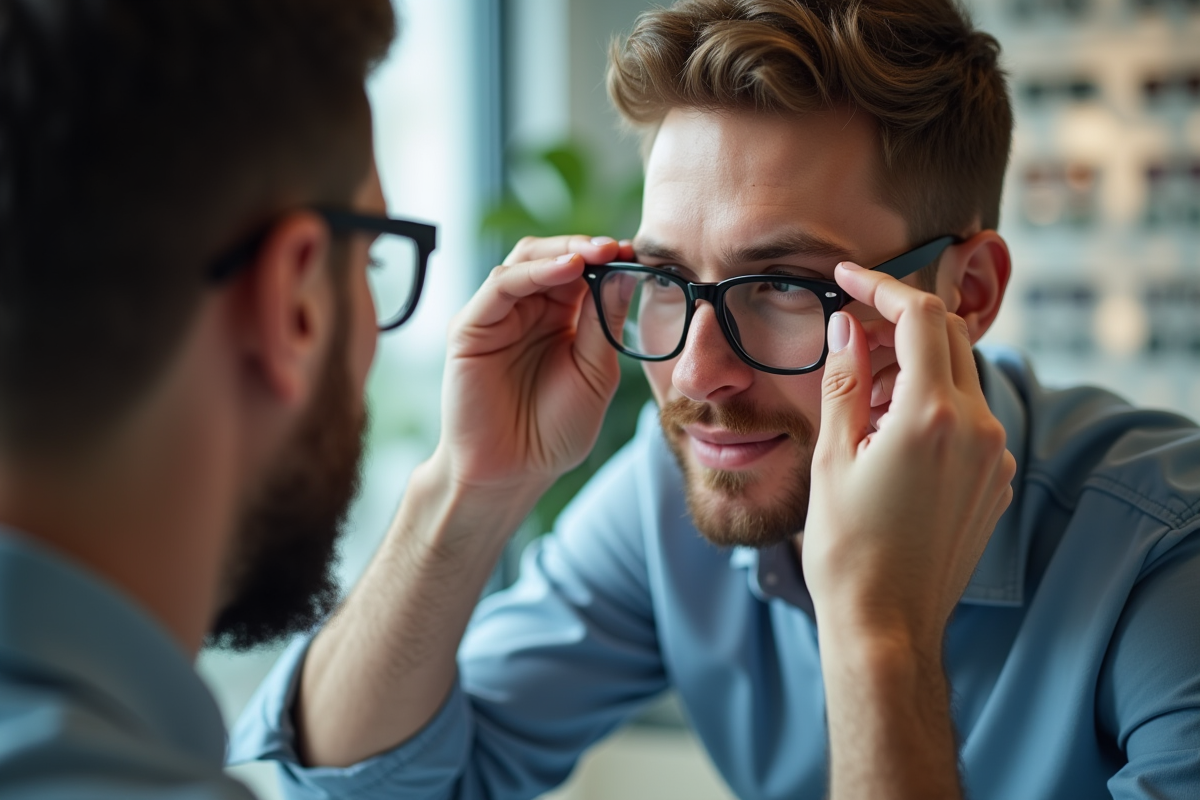 Opticien ajustant des lunettes sur un client dans un magasin lumineux