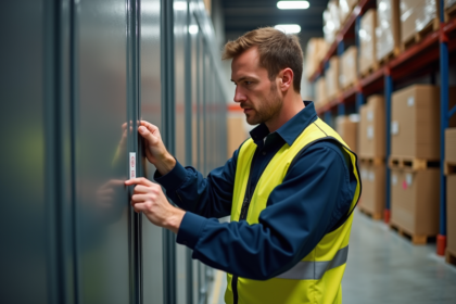 Ouvrier appliquant une vignette sur un meuble de stockage