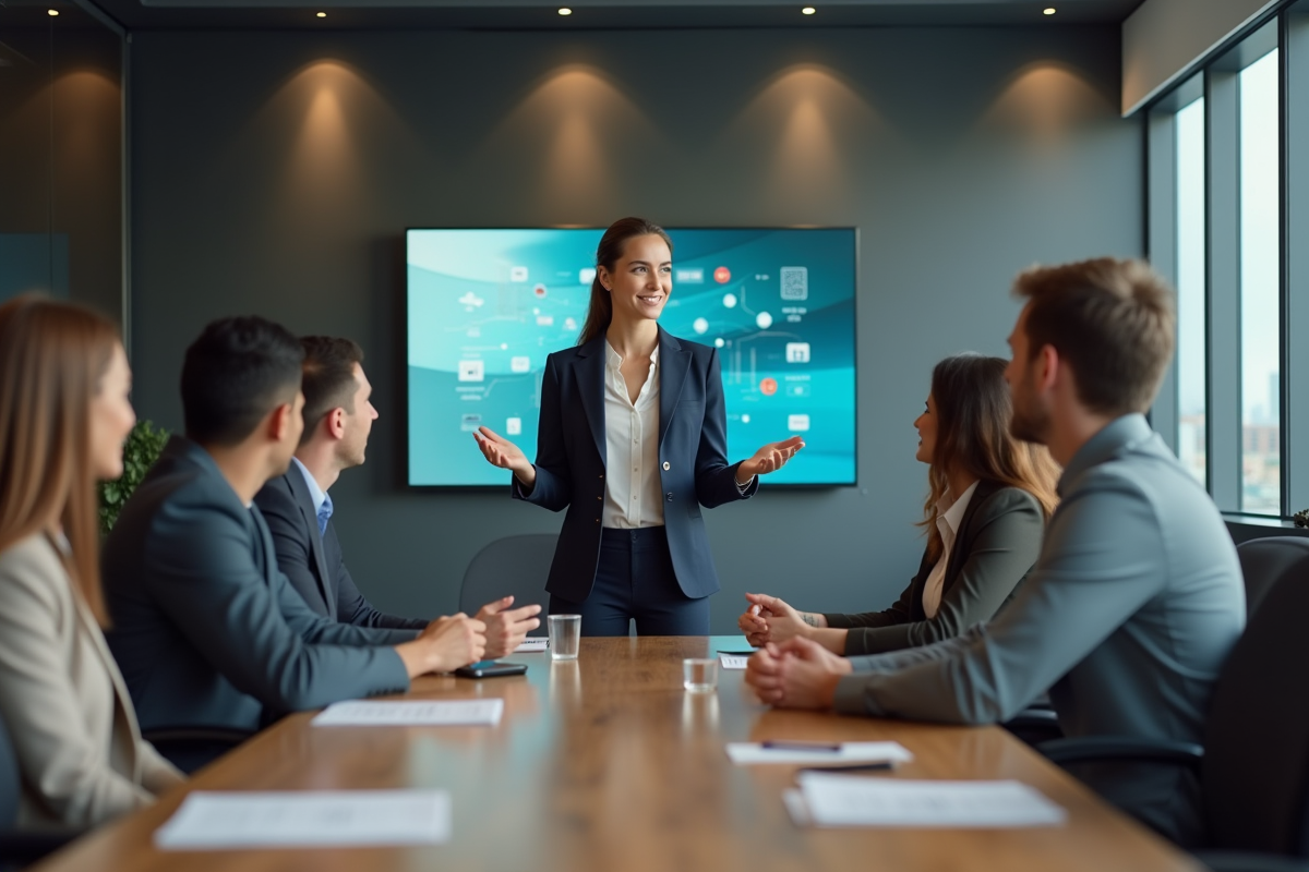 Femme en costume présente un storyboard en réunion