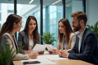 Quatre professionnels discutent dans un bureau moderne en ville