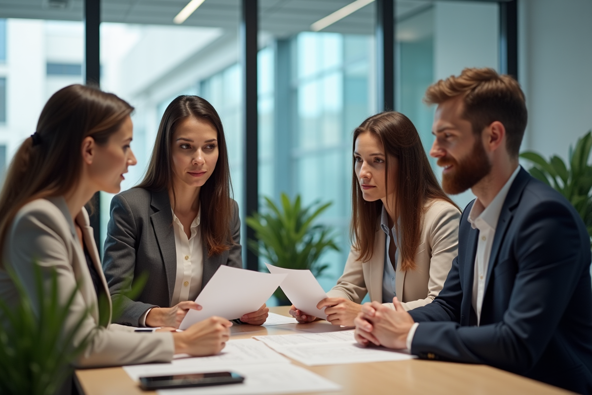 Quatre professionnels discutent dans un bureau moderne en ville