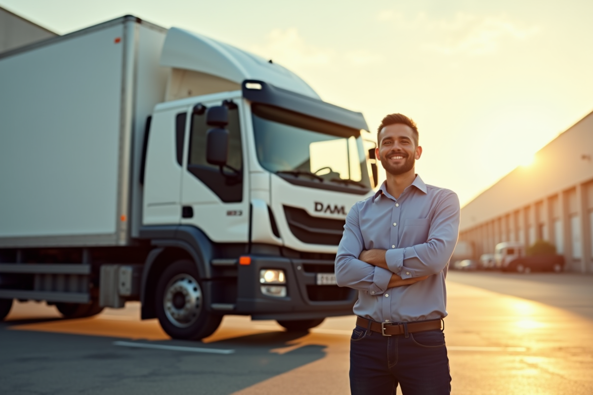 Proprietaire souriant avec camion d