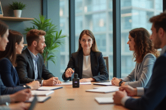 Groupe de collaborateurs en réunion dans un bureau moderne