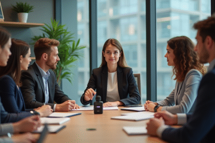 Groupe de collaborateurs en réunion dans un bureau moderne