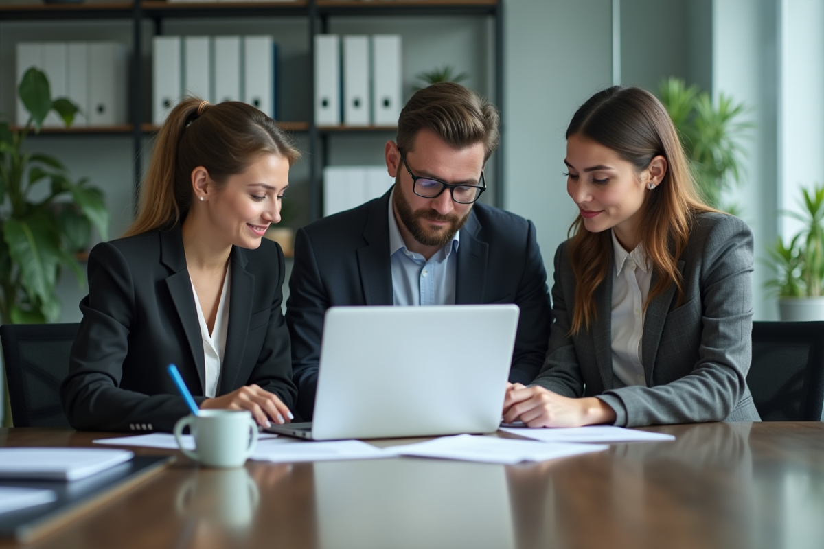 Quatre professionnels en réunion dans un bureau moderne
