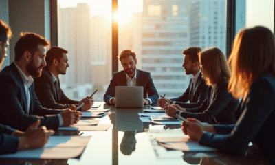 Groupe de professionnels en réunion dans une salle moderne