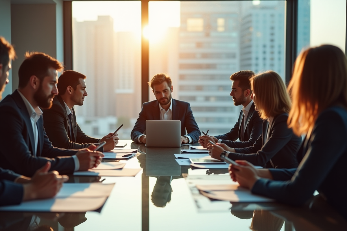 Groupe de professionnels en réunion dans une salle moderne