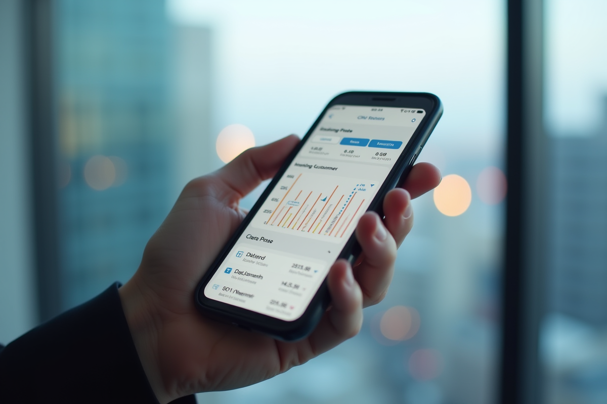 Main tenant un smartphone avec tableau de bord CRM en arrière-plan