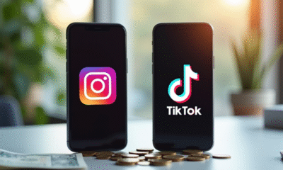 Deux smartphones modernes affichant Instagram et TikTok avec des gains