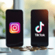 Deux smartphones modernes affichant Instagram et TikTok avec des gains