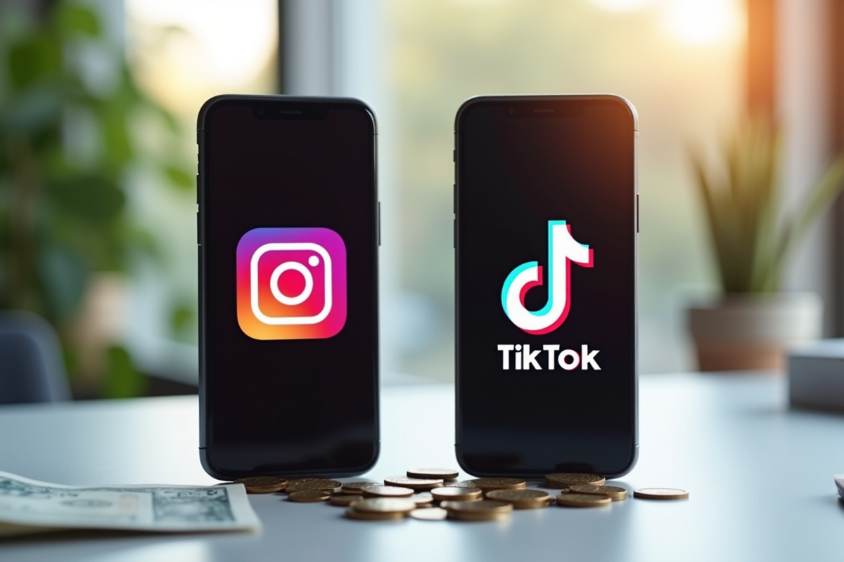 Deux smartphones modernes affichant Instagram et TikTok avec des gains